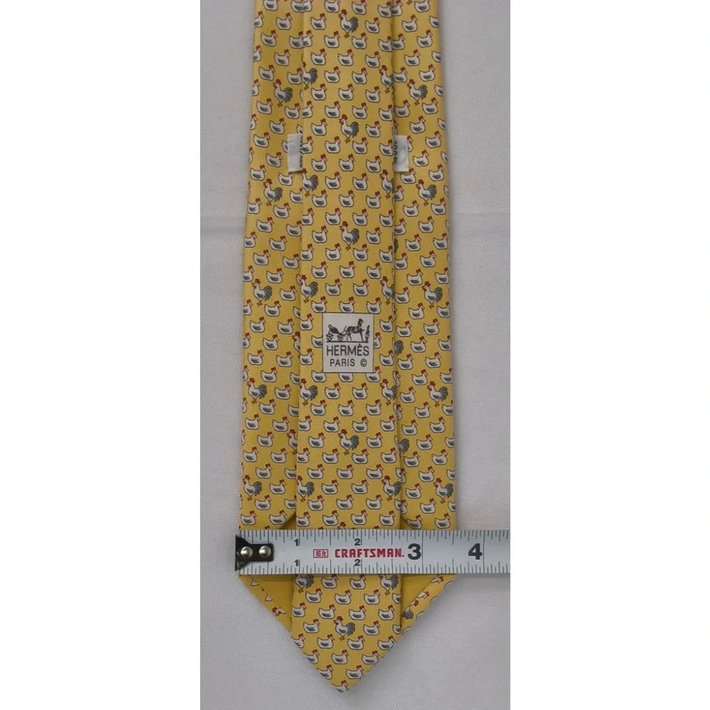 Hermes Yellow Chicken & Egg 100% Silk Tie Whimsical Print Made in France #W5218